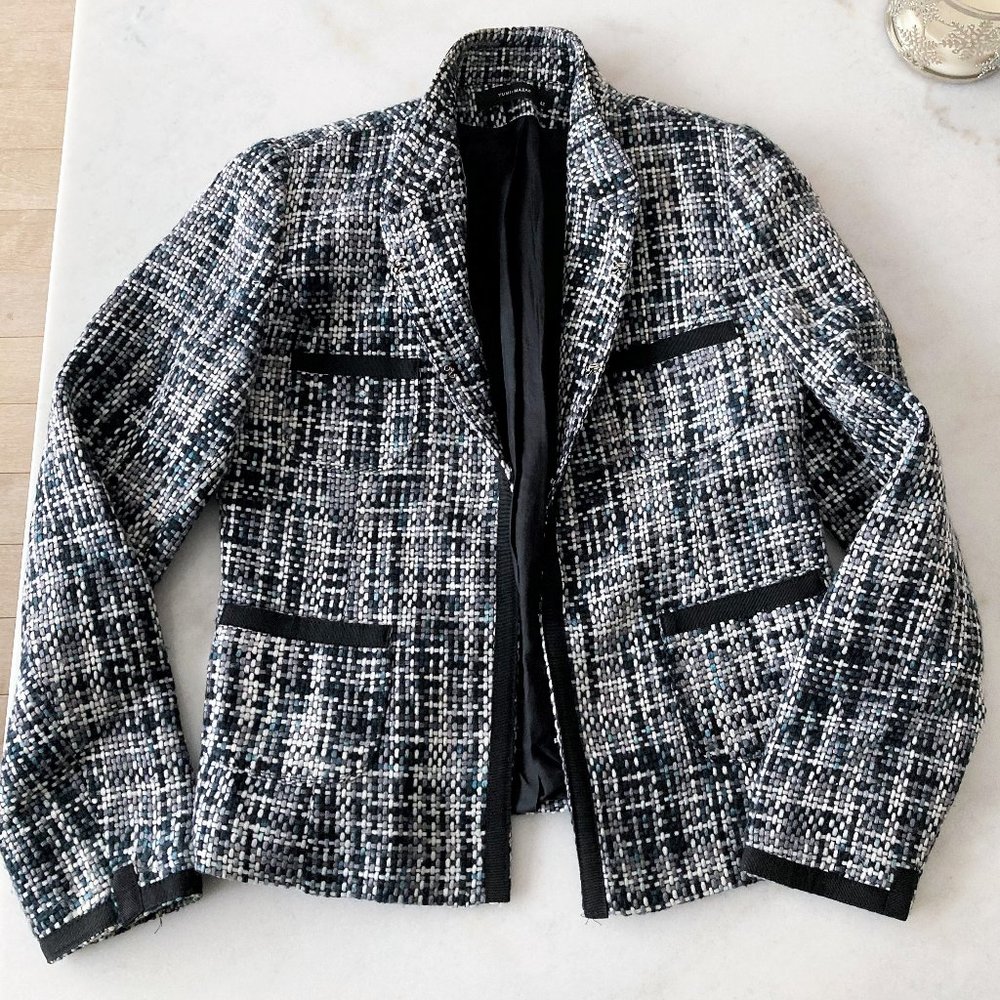 Vintage Yumi Mazao Paris tweed blazer / woven jacket (white, black, teal / blue)